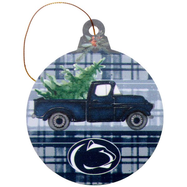 holiday ornament with old truck hauling Christmas tree above Penn State Athletic Logo